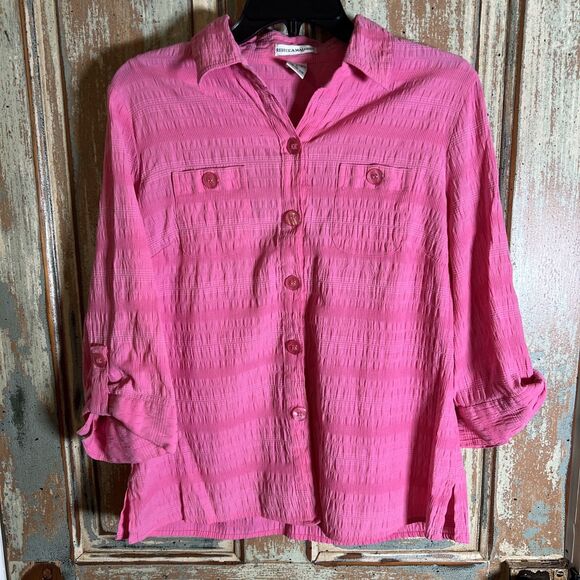 Rebecca Malone Womens Textured 3/4 Sleeve VNeck Button Up Top Size L - Picture 1 of 8